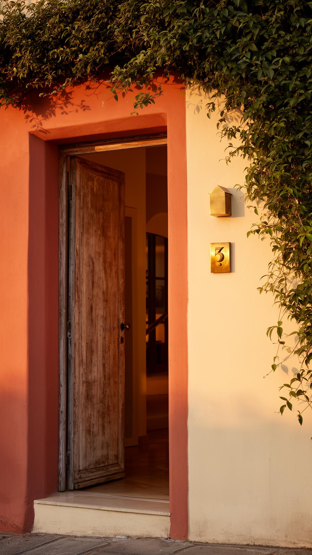 Warm terracotta entryway of a boutique property at golden hour